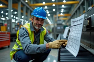 Ingénieur industriel appliquant la méthode des 5P sur une ligne de convoyeur en usine, consultant une checklist imprimée fixée sur la machine