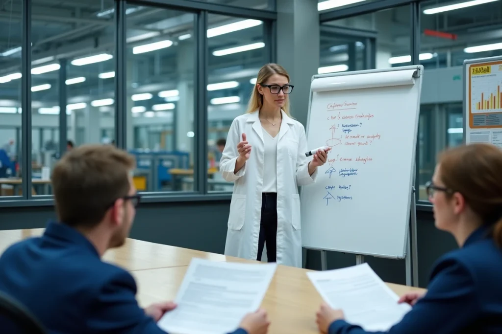 Responsable qualité présentant l'analyse des 5 Pourquoi au tableau blanc lors d'une réunion en salle de production industrielle