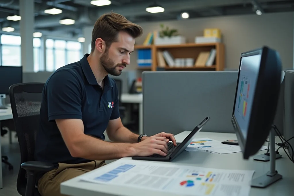 Technicien de service complétant un formulaire numérique d'analyse 5 Pourquoi sur tablette dans un bureau de centre de services