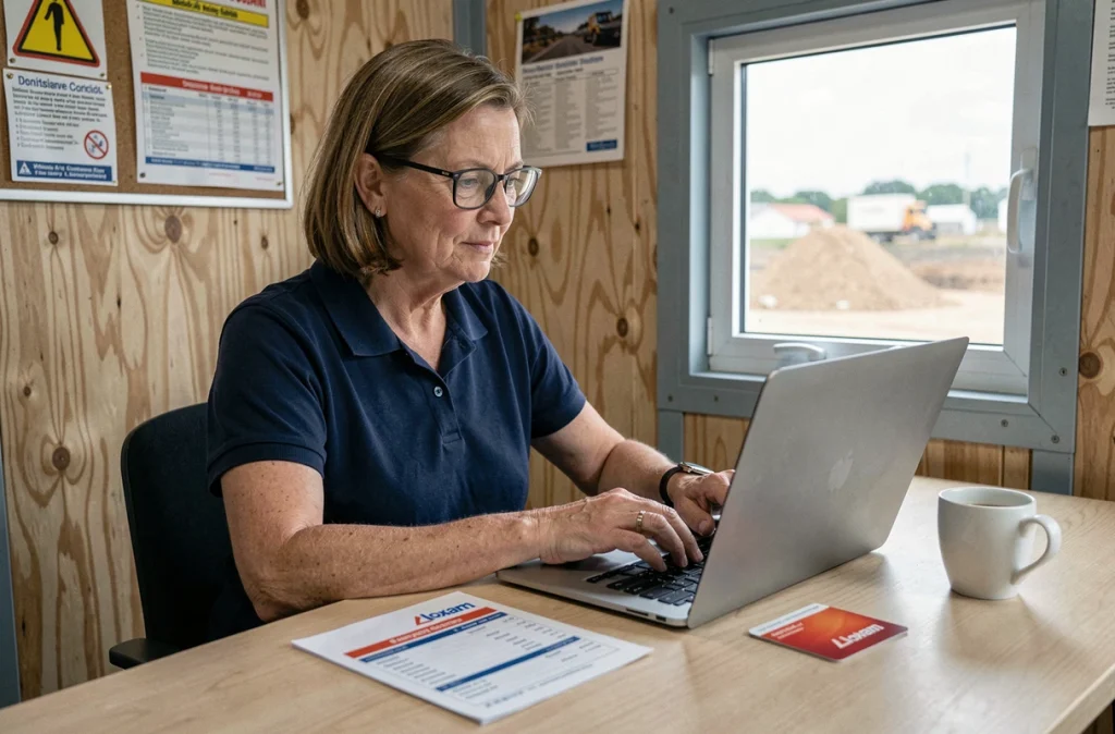 Administratrice de chantier gérant les locations d'équipements Loxam depuis un bureau de site modulaire