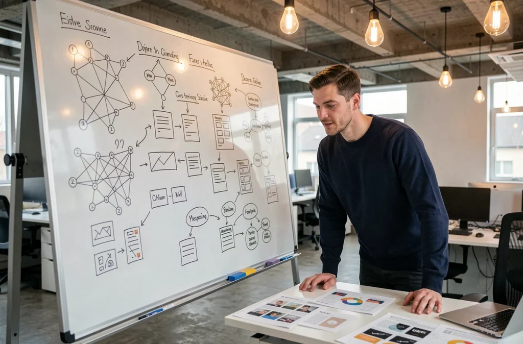 Designer de l'agence Big Neurons en train d'esquisser des architectures digitales sur un tableau blanc dans un bureau moderne