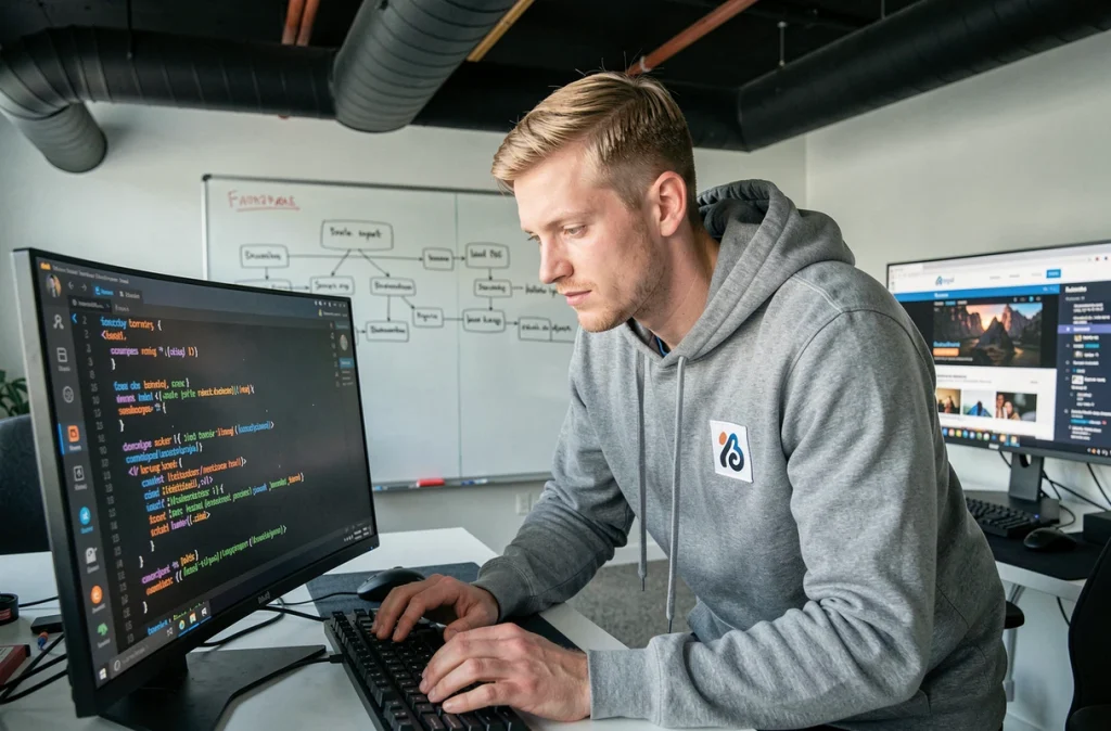 Développeur de l'agence Bracket Corp. écrivant du code pour un site internet sur un poste de travail double écran dans un bureau tech moderne