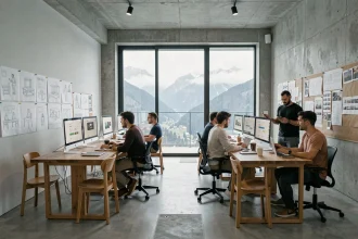 Vue large d'une agence de création de sites internet moderne en Haute-Savoie, avec des professionnels du numérique travaillant face à un panorama alpin