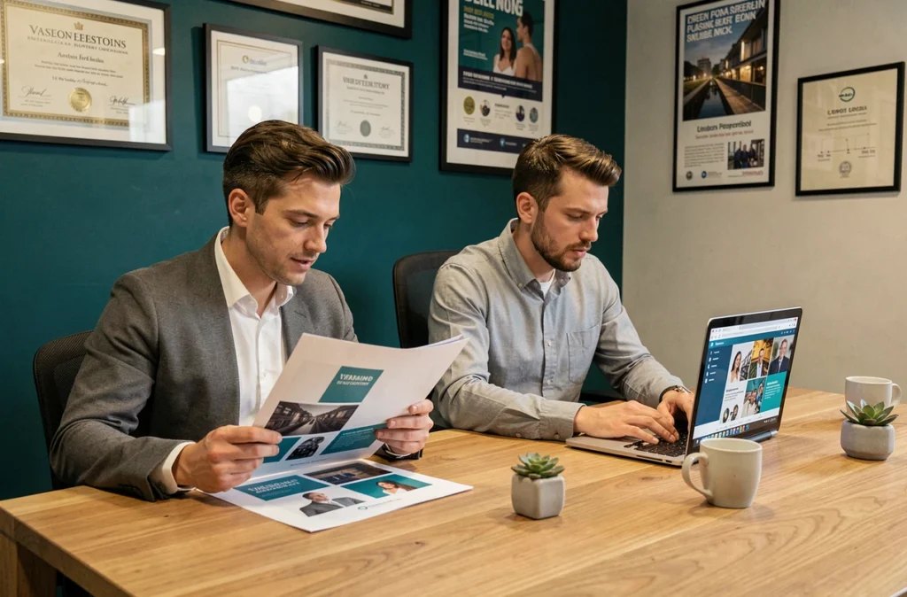 Équipe créative de l'agence D-IMPULSE travaillant sur une identité de marque et une campagne digitale dans leurs bureaux