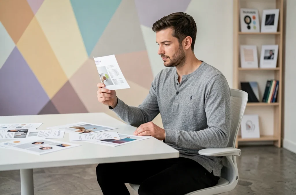 Directeur créatif de l'agence EVVI examinant des propositions d'identité visuelle dans un studio moderne et coloré