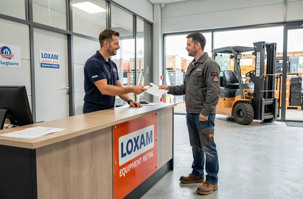Agent Loxam remettant une carte de visite et un contrat de location à un client professionnel en agence