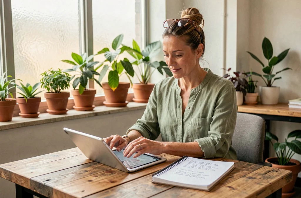 Stratège en communication de l'agence Lucie consultant un plan de contenu dans un bureau lumineux et végétalisé