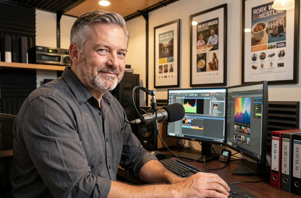 Professionnel de l'agence MSD Media travaillant sur une production multimédia dans un studio d'édition équipé en Haute-Savoie