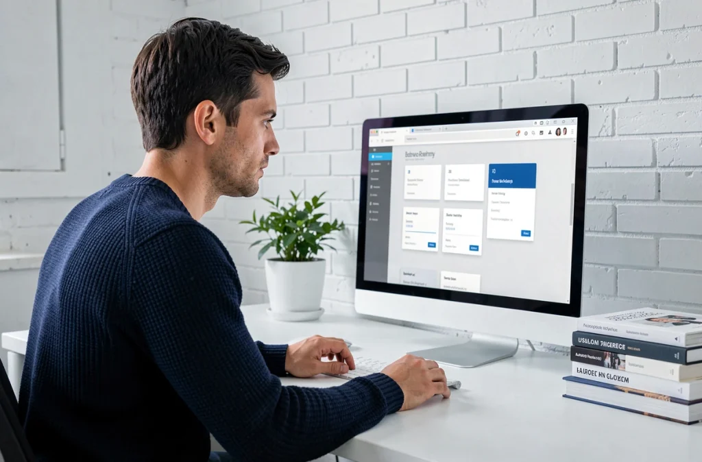 Développeur web de l'agence Nateev analysant une interface de site internet sur un grand écran dans un studio numérique moderne