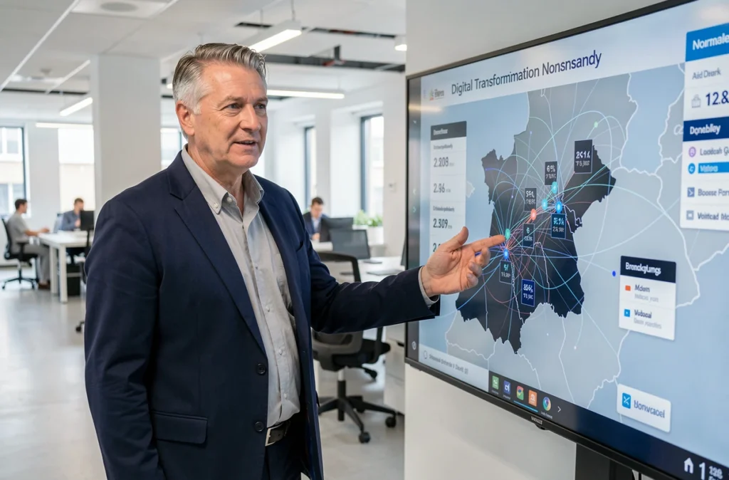 Consultant senior de Normandie Digital présentant une carte interactive des statistiques numériques régionales en Normandie