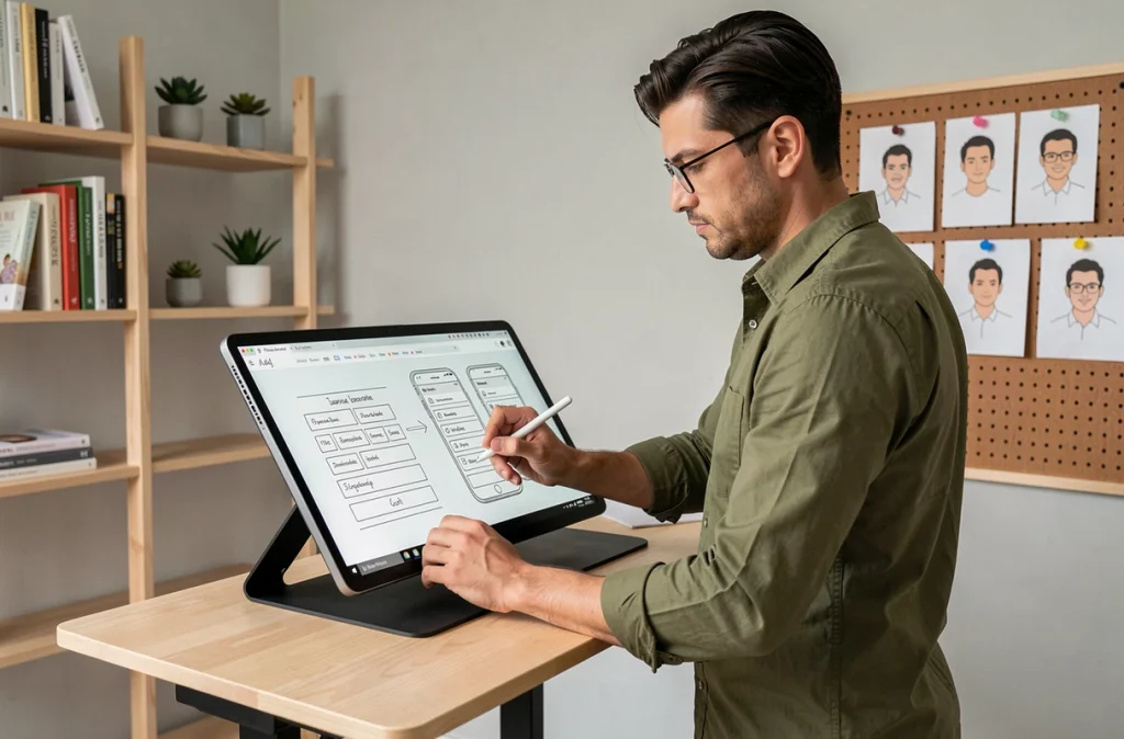 Designer UX de l'agence Qask travaillant sur des maquettes de site internet et d'application mobile sur une tablette graphique professionnelle