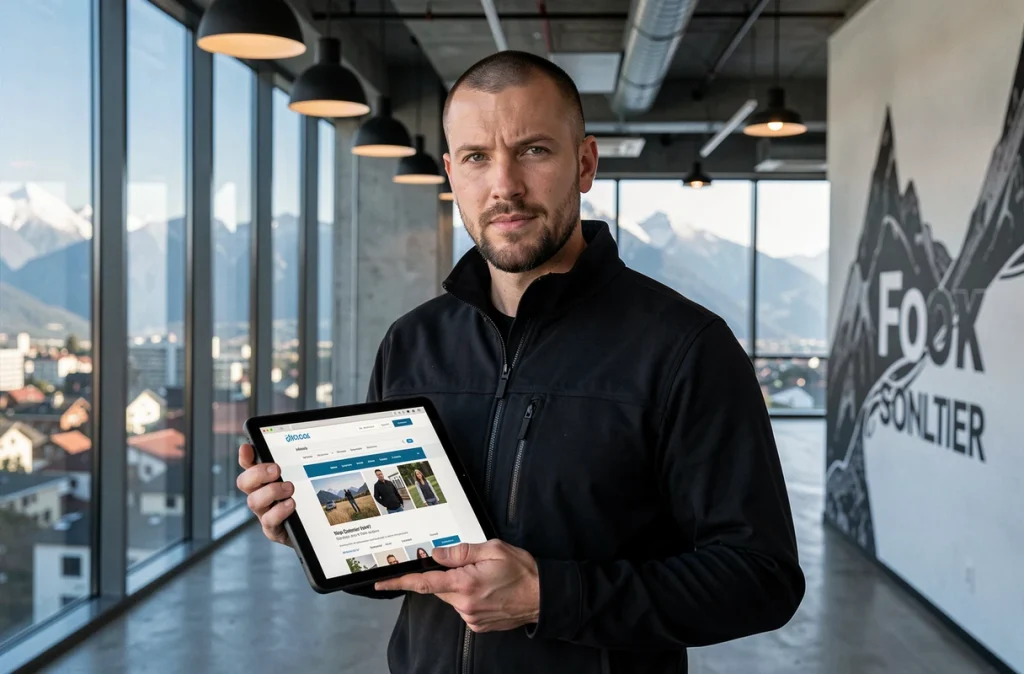 Consultant digital de l'agence SWAT tenant une tablette avec un site e-commerce finalisé dans un couloir de bureau moderne avec vue sur une ville alpine