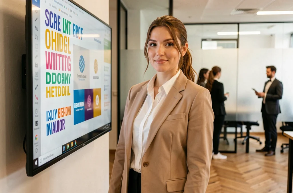 Directrice créative de l'agence Walt présentant un projet de branding et de création web sur un écran mural dans un bureau moderne
