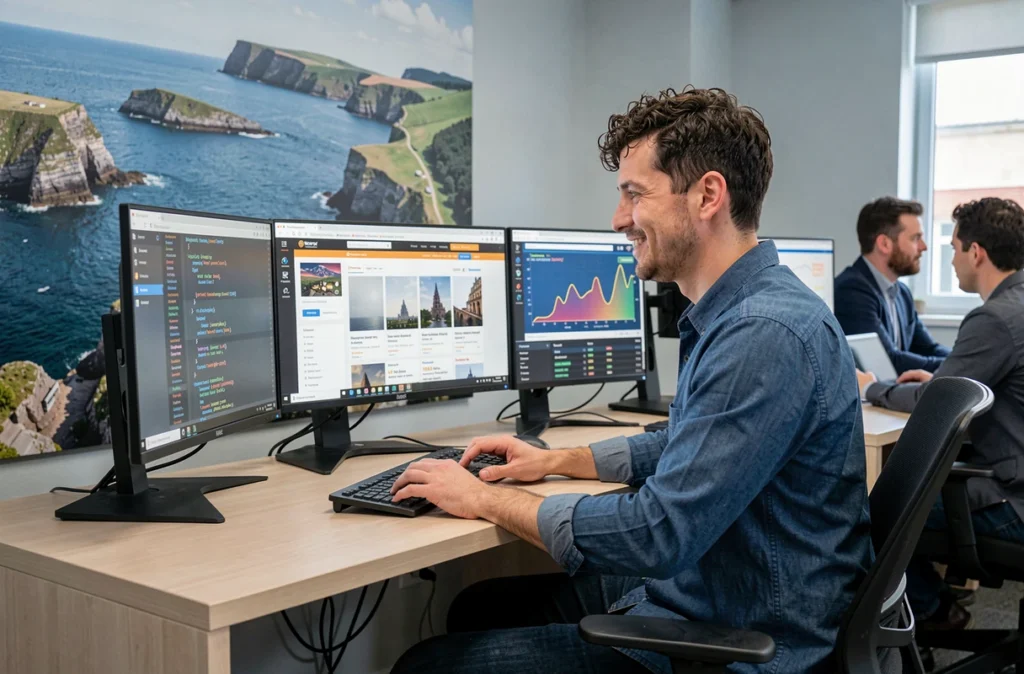 Développeur web de Webcom Normandie travaillant sur plusieurs écrans avec des projets numériques normands en cours