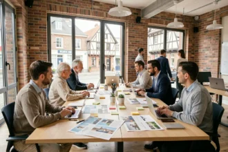 Vue d'ensemble d'une agence de communication moderne à Rouen en Seine-Maritime avec une équipe de professionnels au travail