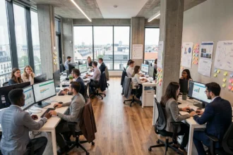 Vue panoramique d'une agence SEO moderne dans les Hauts-de-Seine avec des professionnels travaillant sur des tableaux de bord analytiques