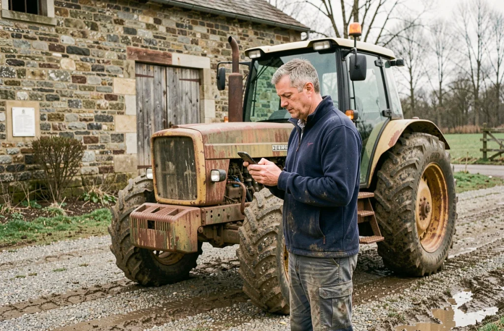 Agriculteur consultant son téléphone pour déclarer une activité complémentaire auprès de la MSA