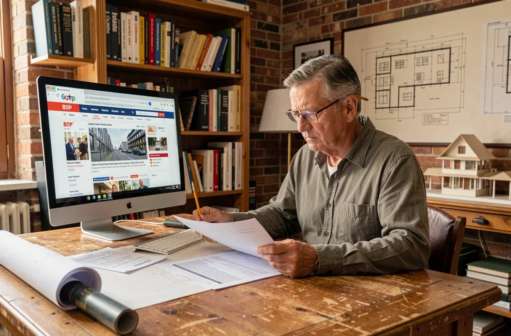 Architecte comparant documents réglementaires imprimés et veille BTP en ligne dans un studio d'architecture