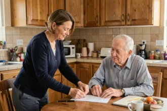 Auxiliaire de vie aidant un senior à remplir des documents administratifs à domicile dans le cadre d'un service à la personne en coopérative