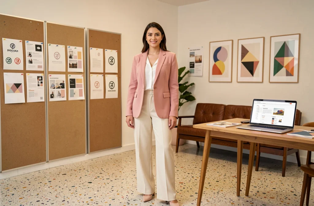 Spécialiste branding et SEO de BeBranded entourée de maquettes d'identité visuelle et d'un aperçu de landing page optimisée dans un studio design chic