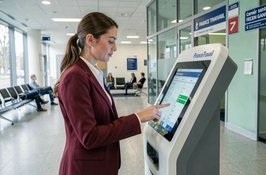 Jeune femme utilisant une borne numérique en libre-service dans une agence France Travail pour prendre rendez-vous