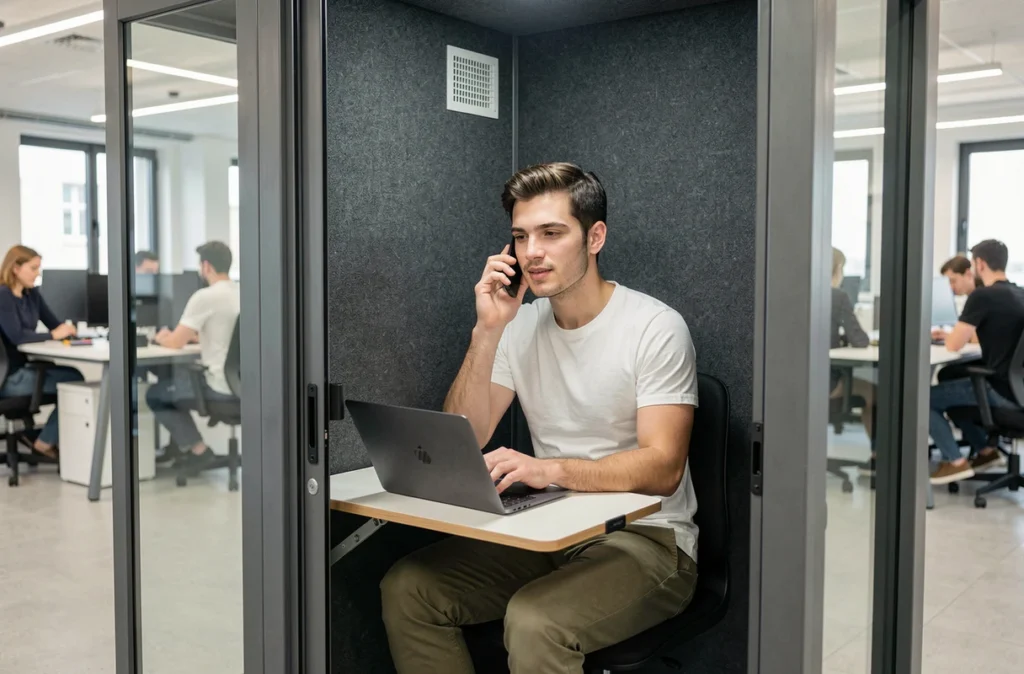 Jeune homme en cabine acoustique dans un coworking à Marseille, idéal pour les appels professionnels en espace partagé