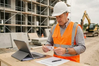 Chef de chantier consultant sa carte de fidélité Loxam sur un chantier de construction avec tablette et documents