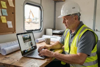 Chef de chantier BTP consultant la veille réglementaire sur ordinateur dans un bureau de chantier
