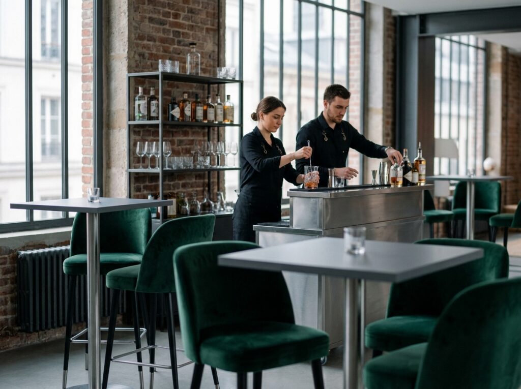 Installation intérieure de cocktail chic dans un loft parisien avec mobilier haut de gamme, tabourets en velours et personnel de service professionnel