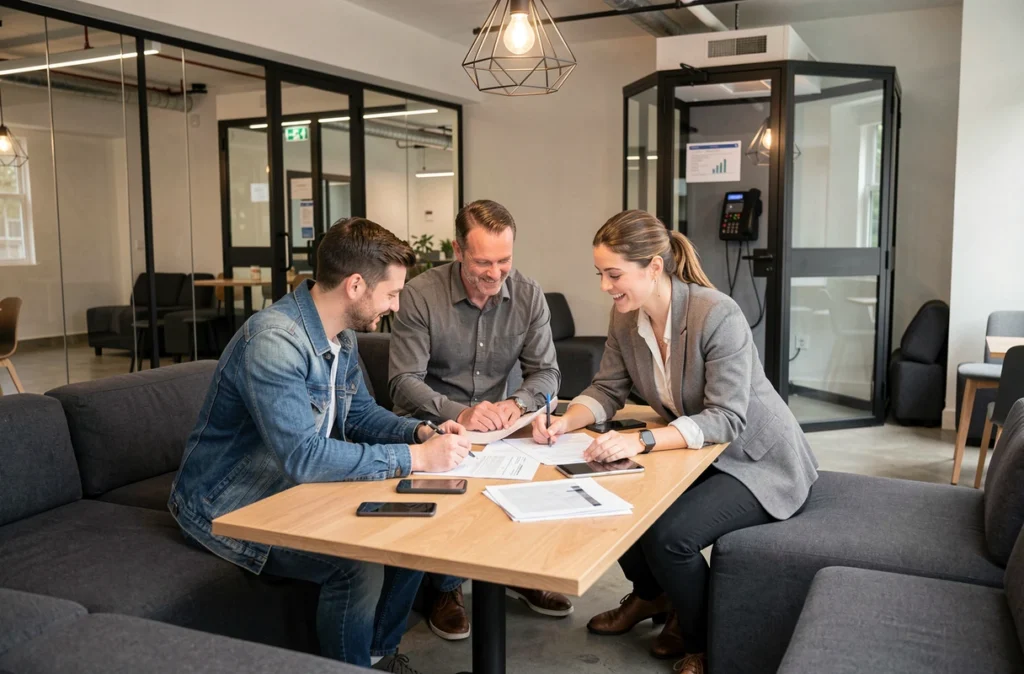 Groupe de collègues collaborant dans un espace de coworking partagé en banlieue parisienne