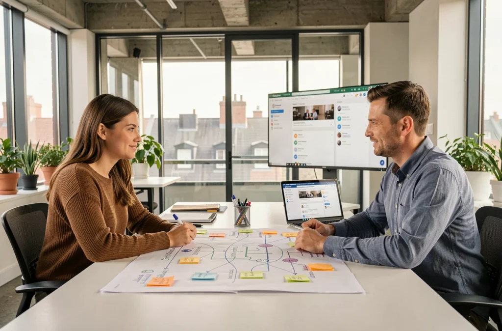 Deux professionnels du marketing collaborent autour d'une carte de stratégie omnicanale imprimée et d'outils digitaux dans un espace de coworking contemporain