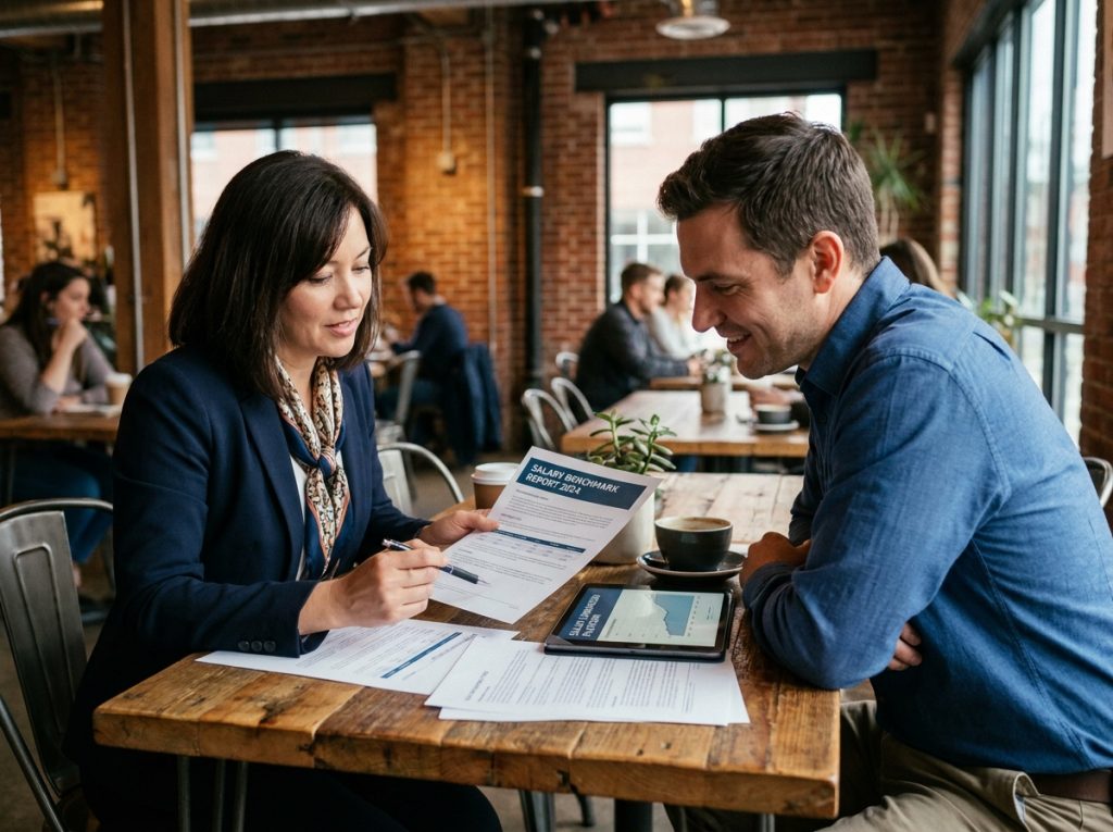 Deux collègues comparant des fiches de salaires et des métiers sur une tablette dans un café urbain