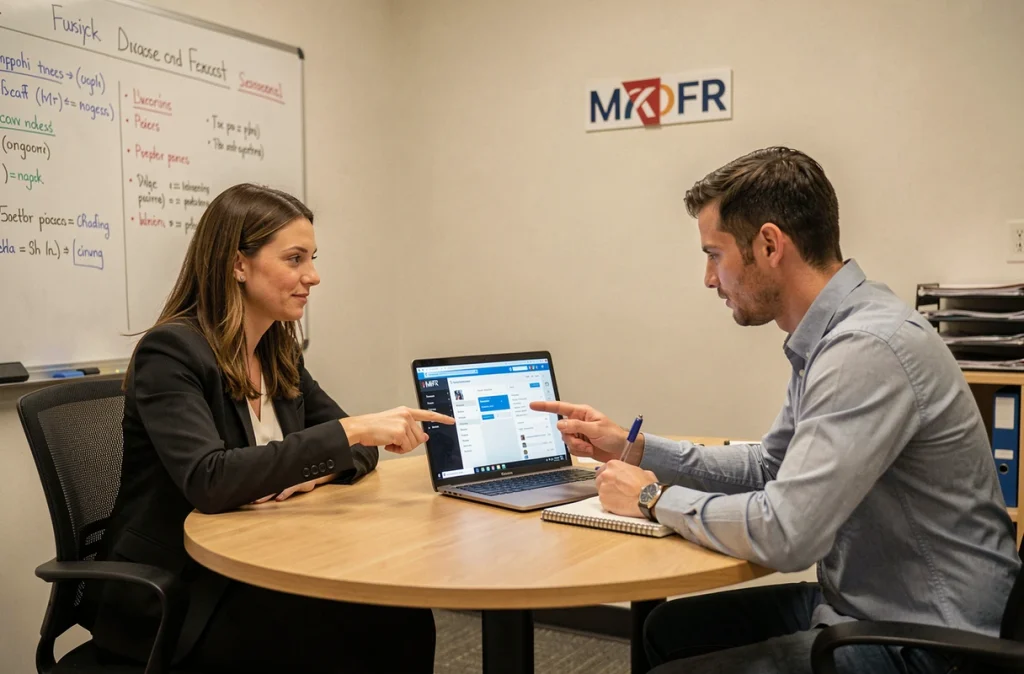 Deux collègues MFR explorant ensemble le guide intranet lors d'une session d'intégration