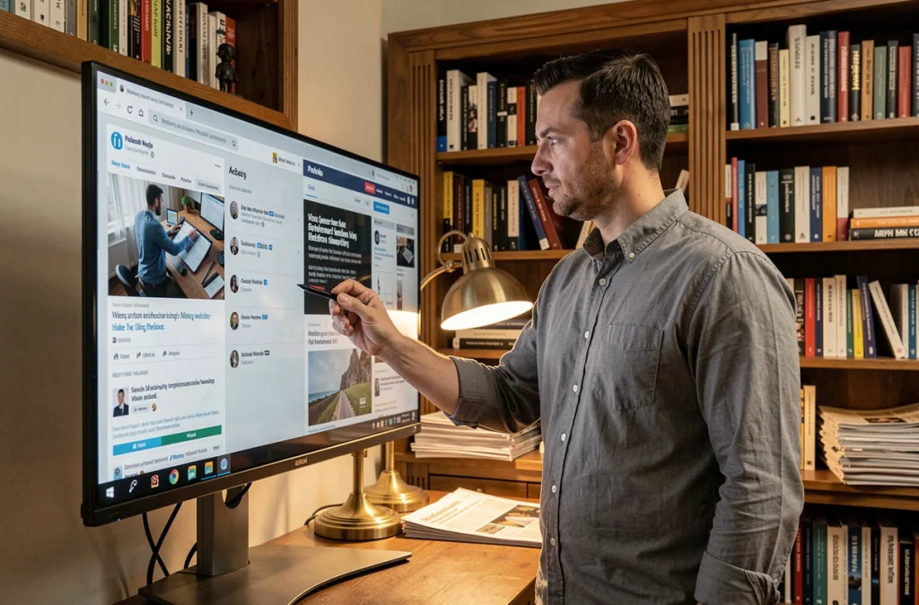 Journaliste ou rédacteur comparant un site média professionnel et un réseau social professionnel sur grand écran dans un bureau éditorial