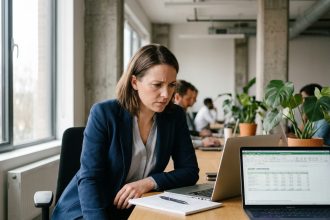 Femme professionnelle comparant des niveaux de salaire sur un ordinateur portable dans un bureau moderne