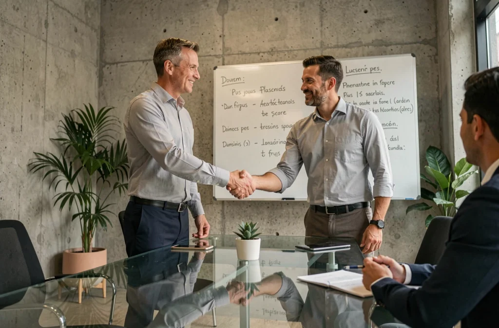 Consultant en portage salarial signant un contrat avec un client lors d'une réunion professionnelle