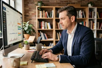 Consultant SEO Cédric Guérin analysant des données de référencement naturel dans un espace de co-working moderne à Rennes