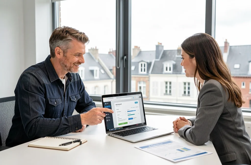 Consultant SEO rennais présentant un audit de référencement à une cliente dans une salle de réunion moderne avec vue sur Rennes