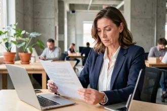 Consultante indépendante en portage salarial examinant un contrat dans un espace de coworking moderne