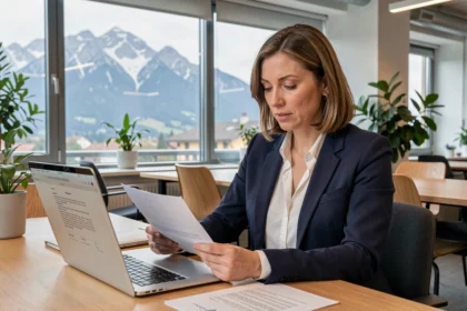 Consultante indépendante en portage salarial travaillant dans un espace de coworking moderne à Chambéry avec vue sur les montagnes