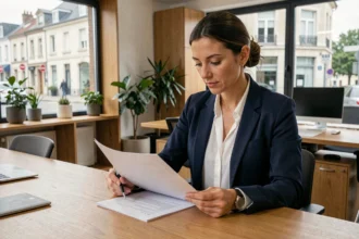 Consultante indépendante en portage salarial révisant un contrat dans un espace de coworking à La Roche-sur-Yon