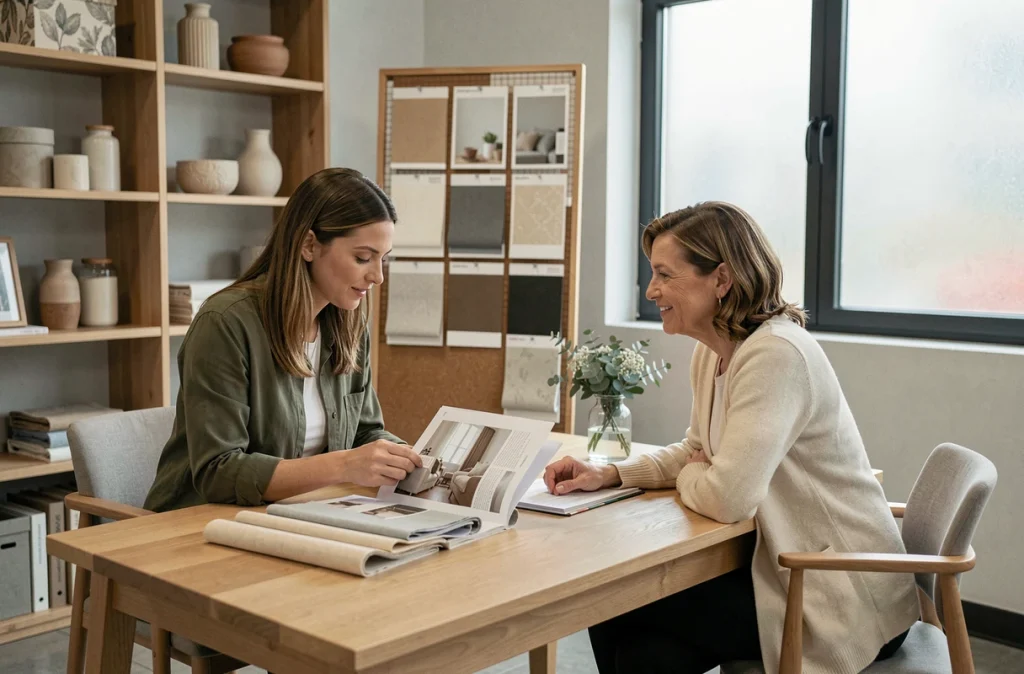 Consultation en showroom entre une conseillère et une cliente pour un projet de décoration intérieure sur mesure