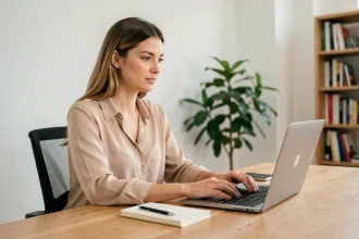 Femme contactant un service client en ligne depuis un bureau à domicile pour obtenir un devis décoration