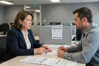Une femme contestant un refus de chômage face à un conseiller Pôle Emploi dans un bureau administratif