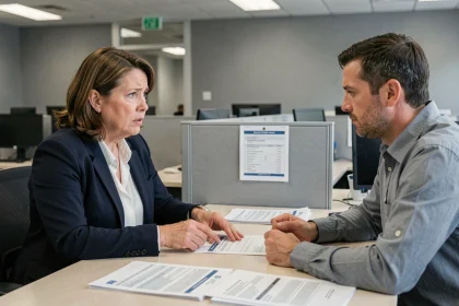 Une femme contestant un refus de chômage face à un conseiller Pôle Emploi dans un bureau administratif