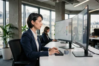Data analyst travaillant sur des tableaux de bord marketing dans un bureau moderne à Paris avec vue sur les toits haussmanniens