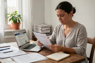 Femme consultant des documents administratifs pour déclarer une activité complémentaire entre MSA et Urssaf