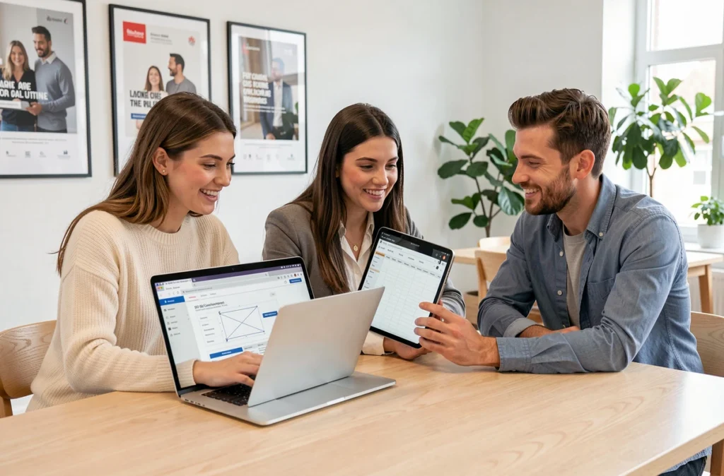 Équipe créative de Digitalised collaborant sur un redesign de site et un calendrier de contenu SEO dans une agence digitale minimaliste
