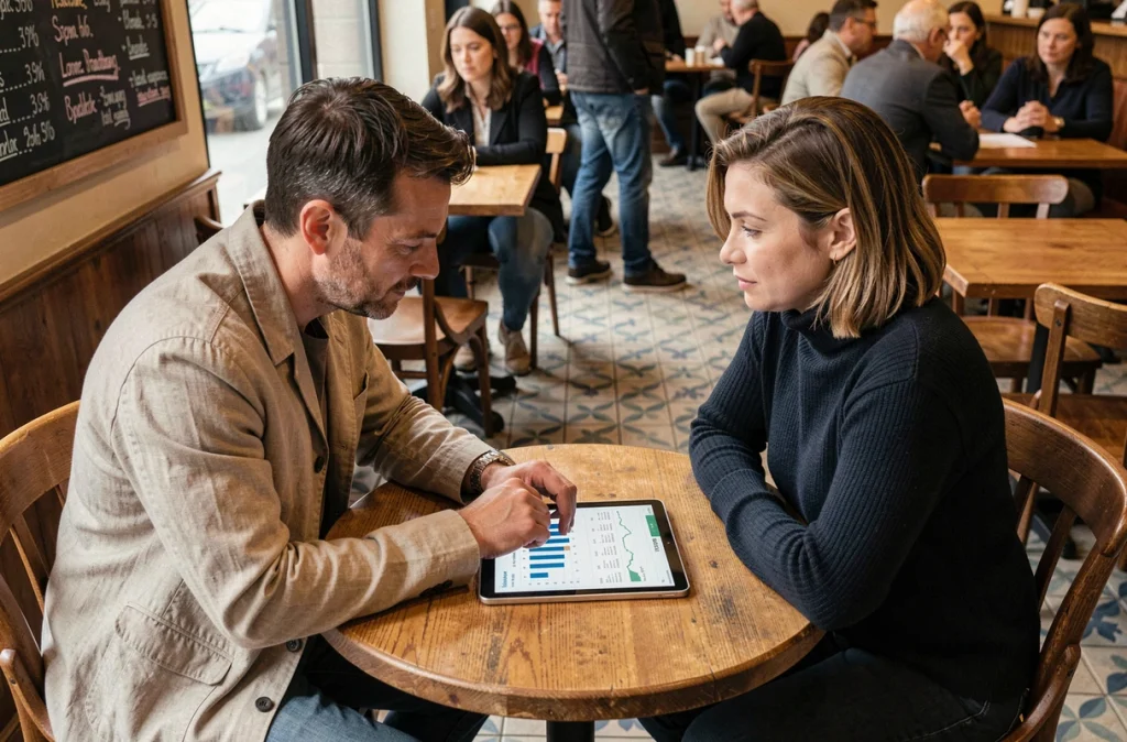 Deux professionnels discutant des seuils de rémunération d'apporteur d'affaires autour d'un tableau financier en café