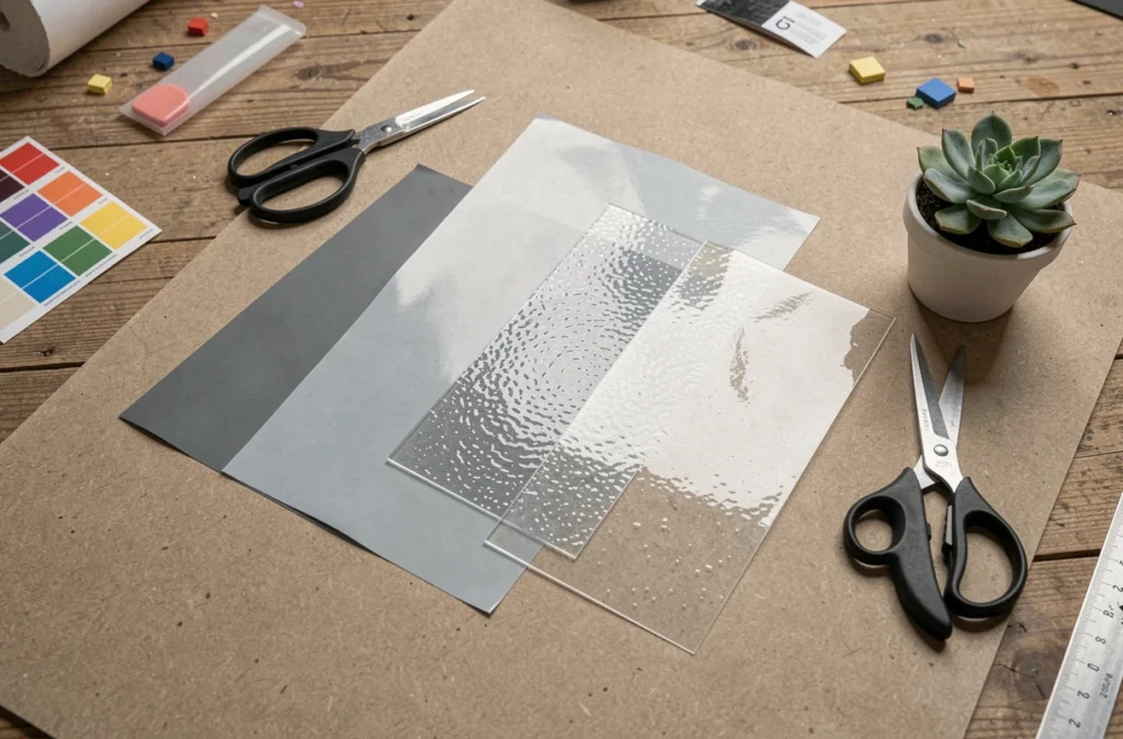 Échantillons de vinyle adhésif écologique en différentes finitions mat et transparent disposés en flat lay sur une surface en bois